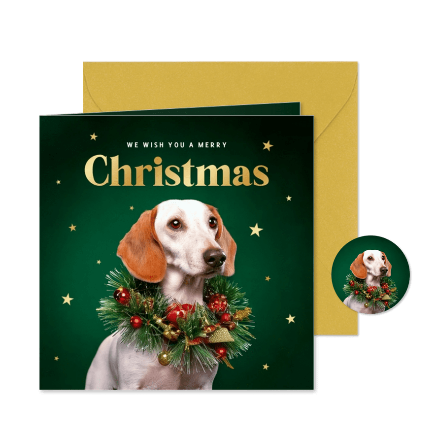 Weihnachtskarte Hund mit Weihnachtskranz 'Merry Christmas' - Karteneindruck