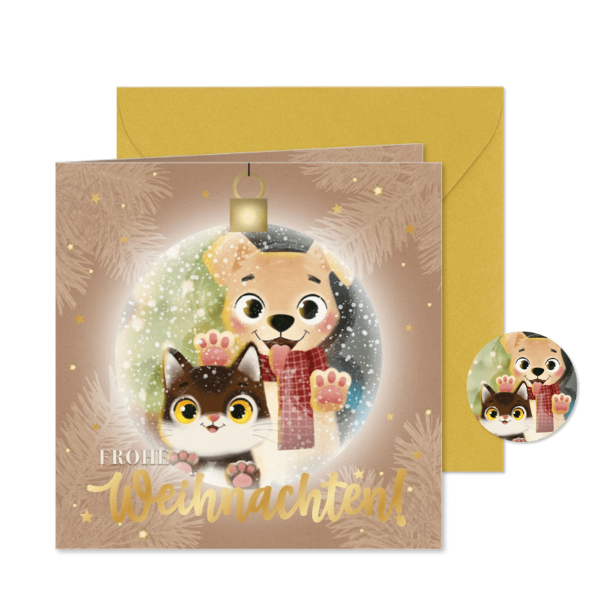 Weihnachtskarte Hund & Katze in Weihnachtskugel - Karteneindruck