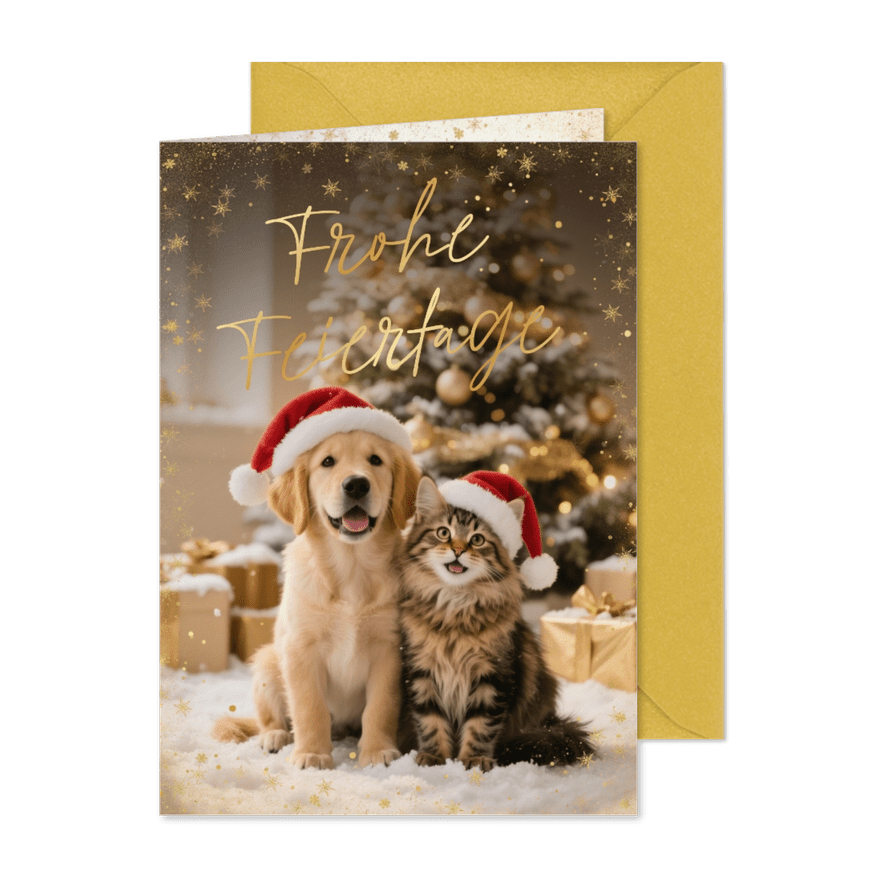 Weihnachtskarte Hund & Katze mit Weihnachtsmütze - Kartenvorschau
