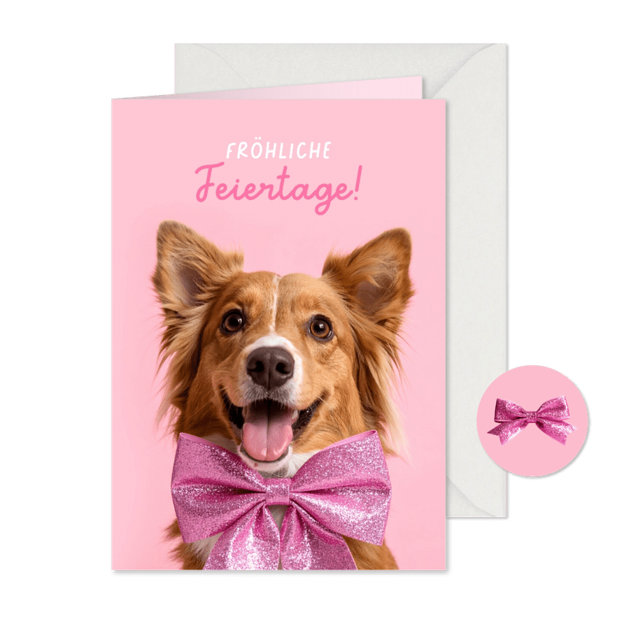 Weihnachtskarte Hunde mit Glitzerschleife auf rosa - Karteneindruck