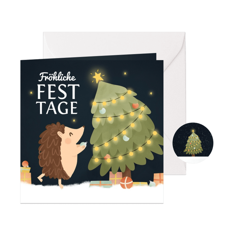 Weihnachtskarte Igel schmückt Weihnachtbaum - Karteneindruck
