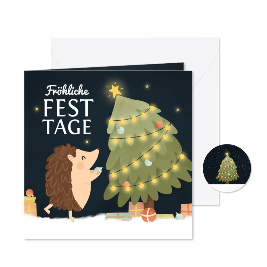 Weihnachtskarte Igel schmückt Weihnachtbaum - Karteneindruck
