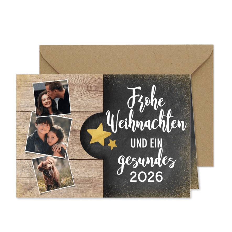 Weihnachtskarte im Holz- und Kreidelook mit Fotos - Karteneindruck
