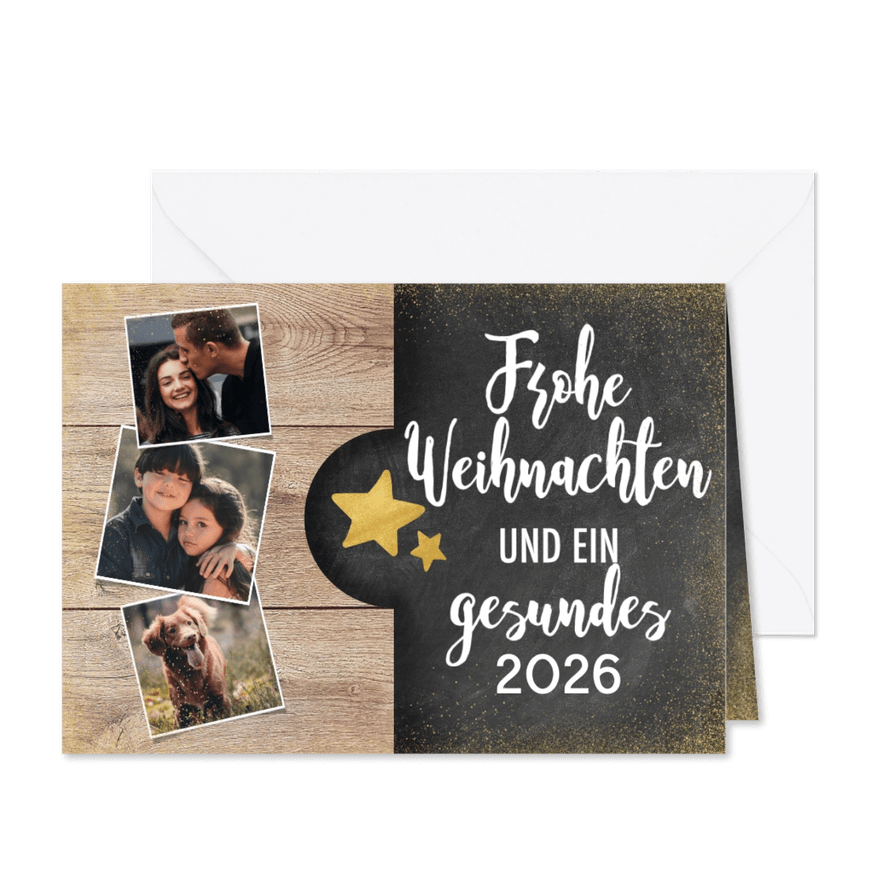 Weihnachtskarte im Holz- und Kreidelook mit Fotos - Karteneindruck