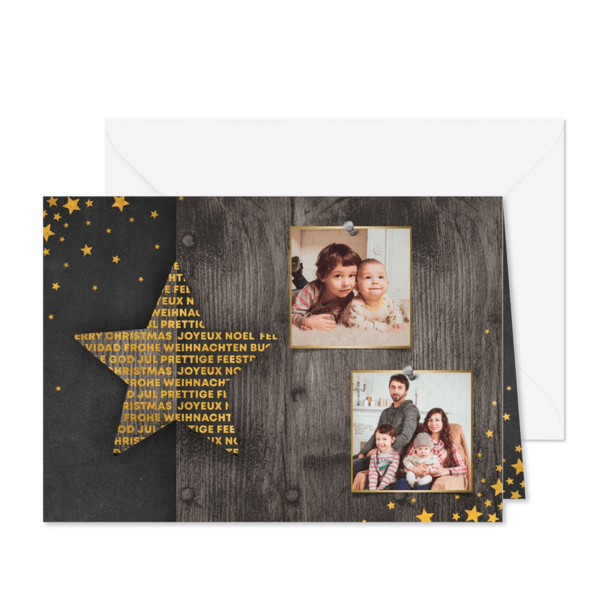 Weihnachtskarte im Holzlook mit Stern und 2 Fotos - Karteneindruck