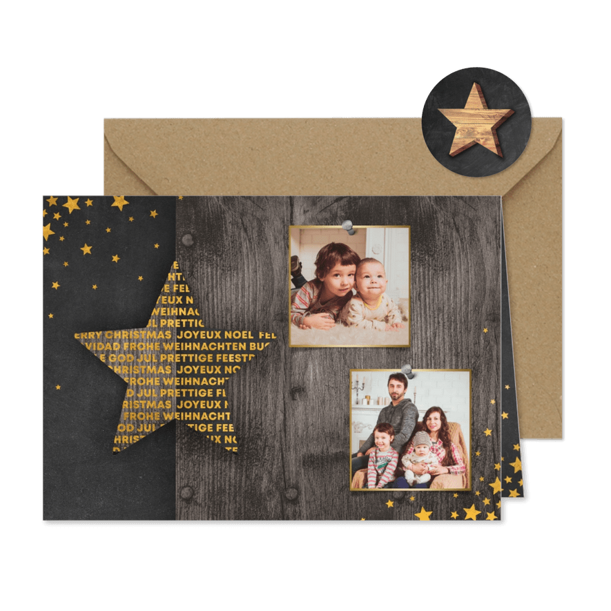 Weihnachtskarte im Holzlook mit Stern und 2 Fotos - Karteneindruck