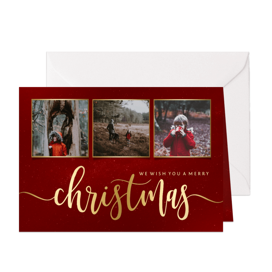 Weihnachtskarte in Rot mit Fotos und Goldschrift - Karteneindruck
