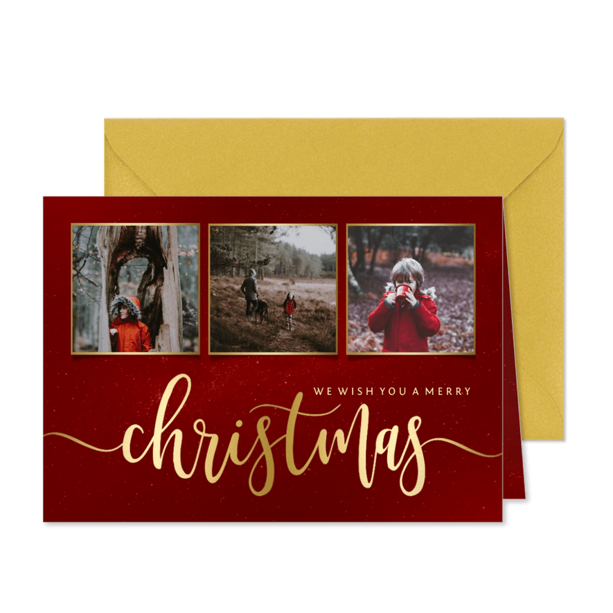 Weihnachtskarte in Rot mit Fotos und Goldschrift - Karteneindruck