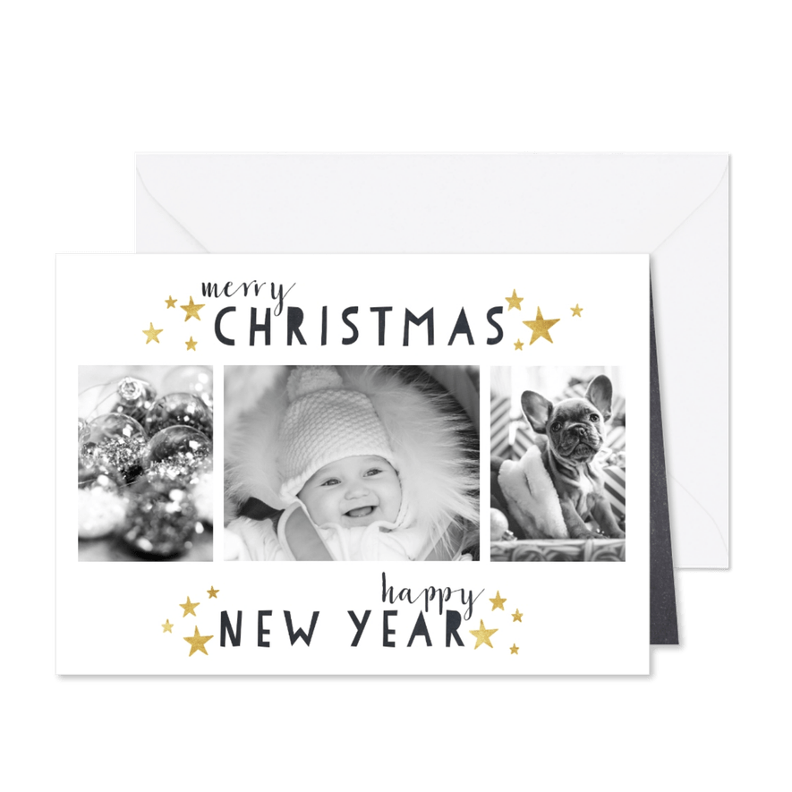 Weihnachtskarte in Schwarzweiß mit drei Fotos - Karteneindruck
