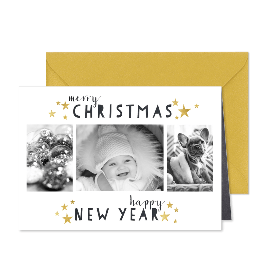 Weihnachtskarte in Schwarzweiß mit drei Fotos - Karteneindruck
