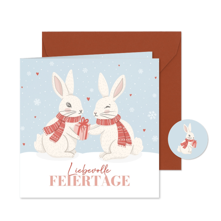 Weihnachtskarte Kaninchen mit Schal und Geschenk - Karteneindruck