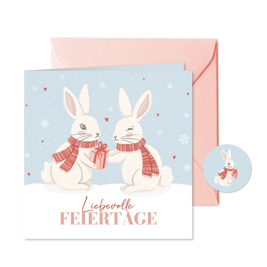Weihnachtskarte Kaninchen mit Schal und Geschenk - Karteneindruck