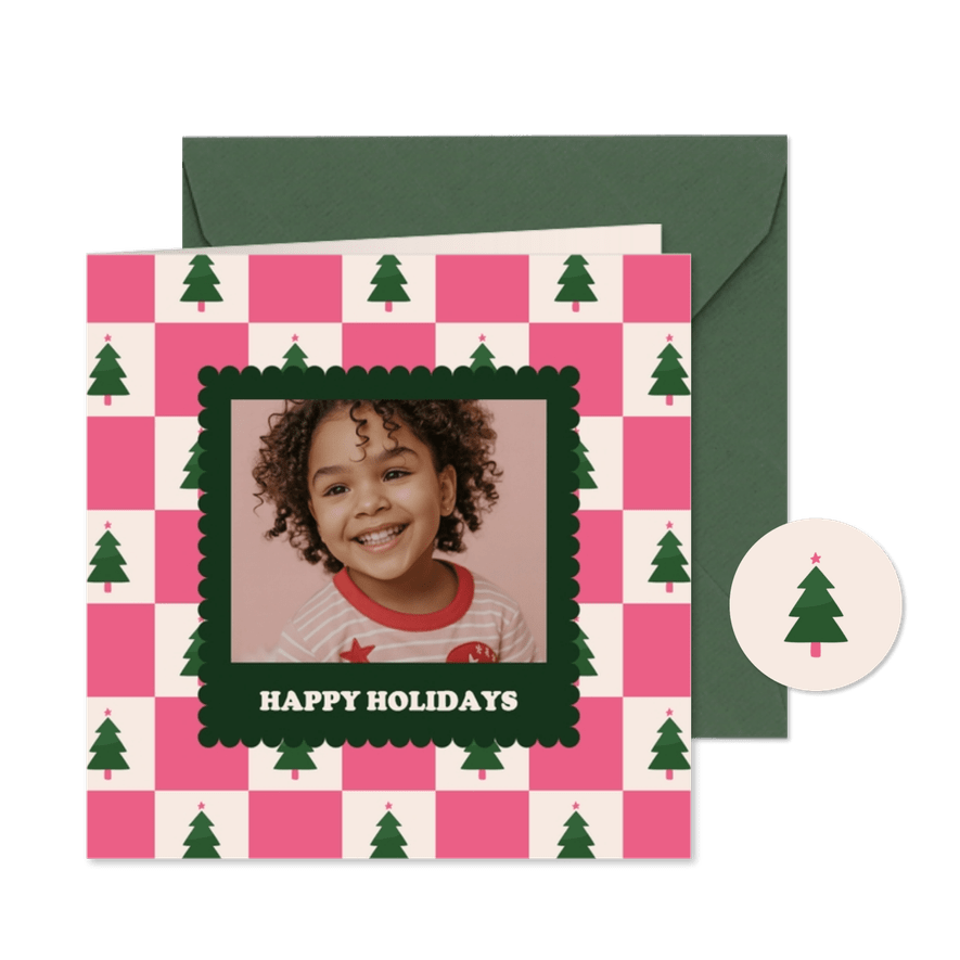Weihnachtskarte Karomuster Weihnachtsbäume mit Foto - Karteneindruck