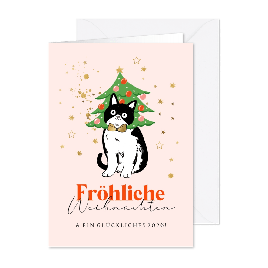 Weihnachtskarte Katze mit Weihnachtsbaum - Karteneindruck
