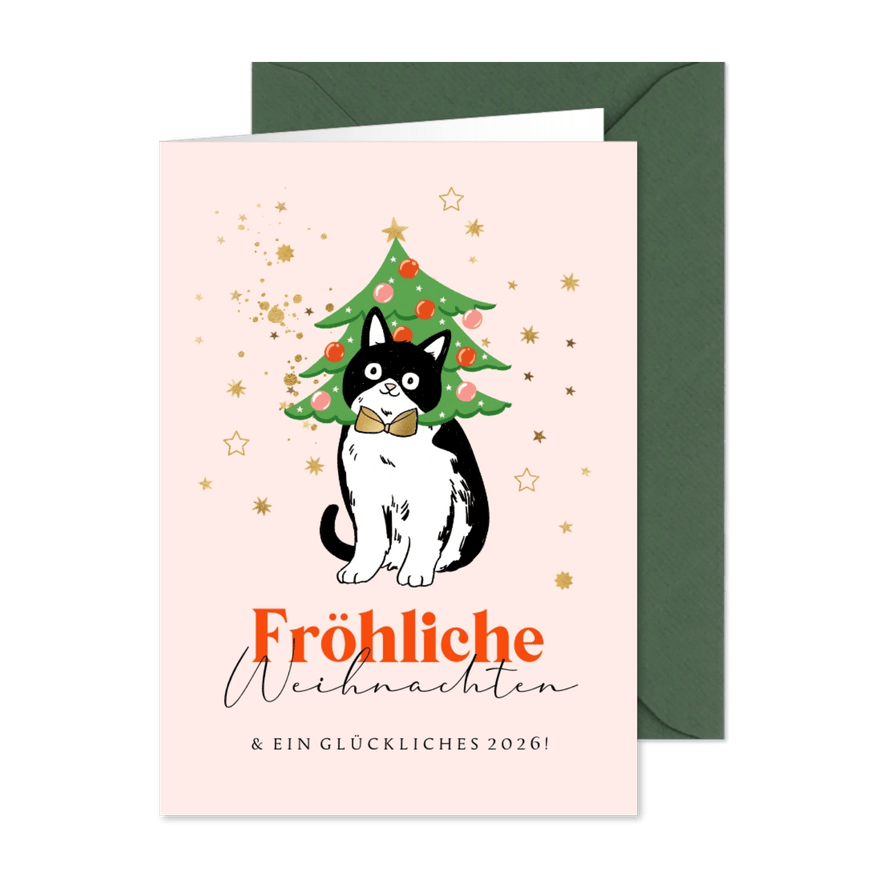 Weihnachtskarte Katze mit Weihnachtsbaum - Karteneindruck