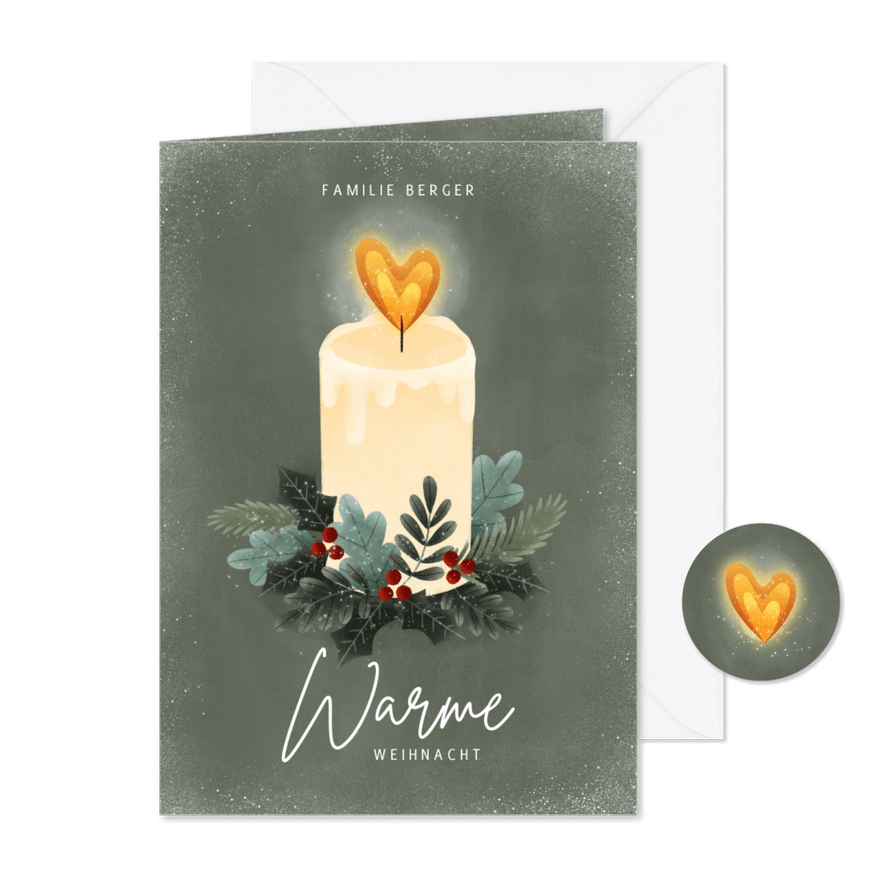 Weihnachtskarte Kerze mit Herz und Zweigen Foto innen - Karteneindruck
