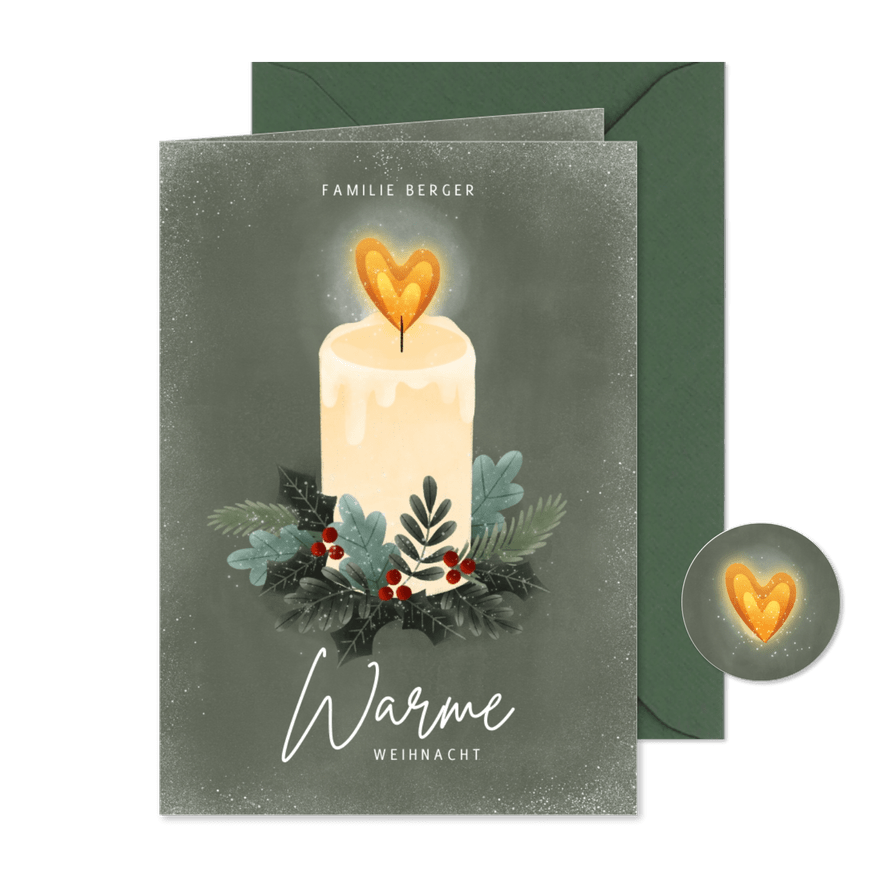 Weihnachtskarte Kerze mit Herz und Zweigen Foto innen - Karteneindruck