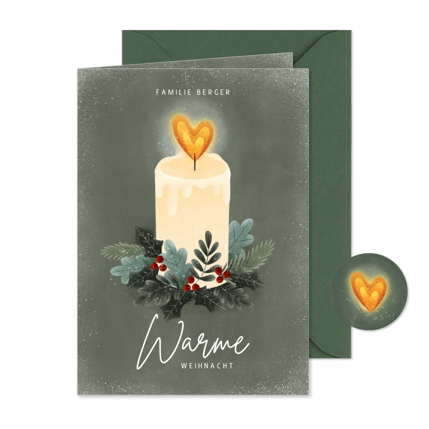 Weihnachtskarte Kerze mit Herz und Zweigen Foto innen - Kartenvorschau