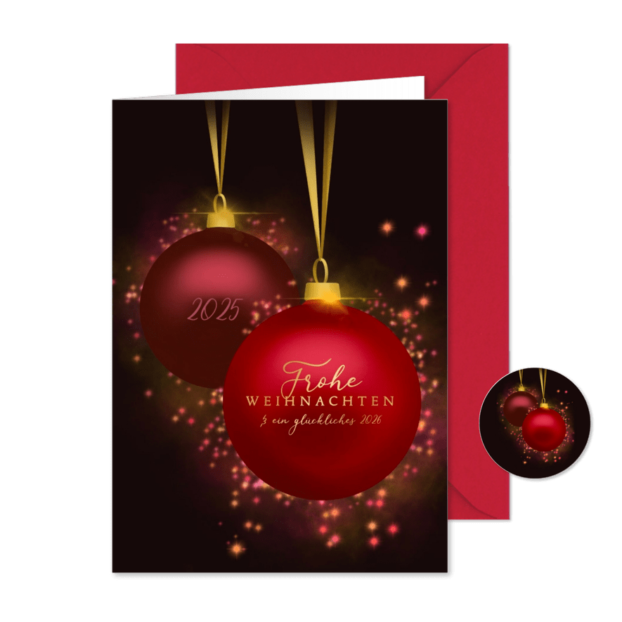 Weihnachtskarte klassische Weihnachtskugeln Glitzer - Karteneindruck