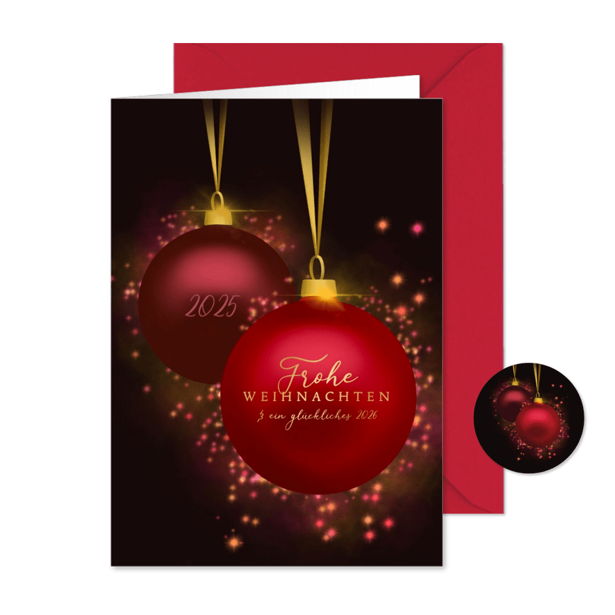 Weihnachtskarte klassische Weihnachtskugeln Glitzer - Karteneindruck
