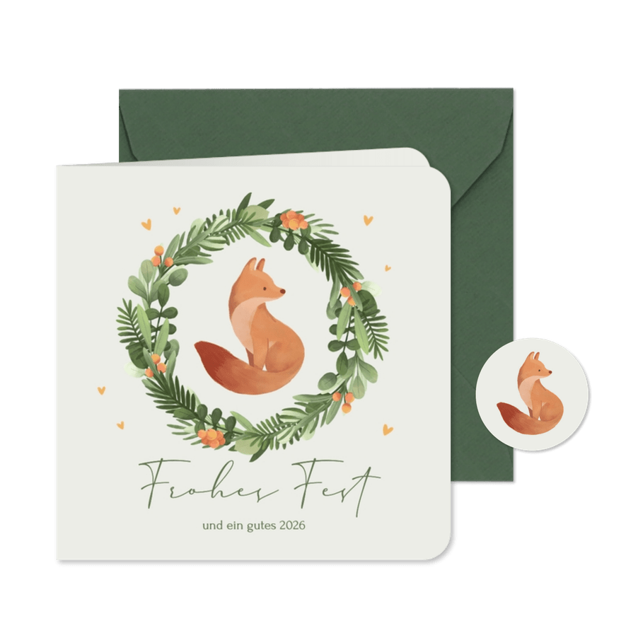 Weihnachtskarte kleiner Fuchs im Weihnachtskranz  - Karteneindruck
