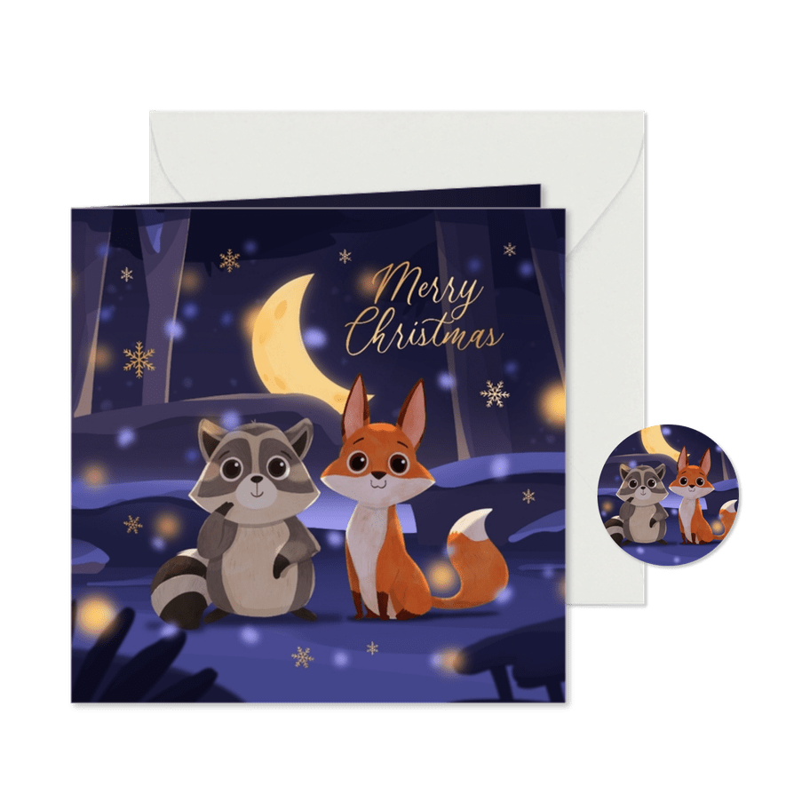 Weihnachtskarte kleiner Waschbär & Fuchs - Karteneindruck
