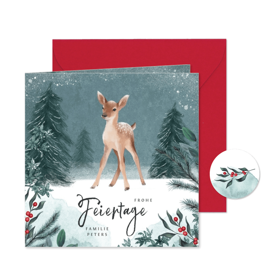 Weihnachtskarte kleines Reh im Winterwald - Karteneindruck