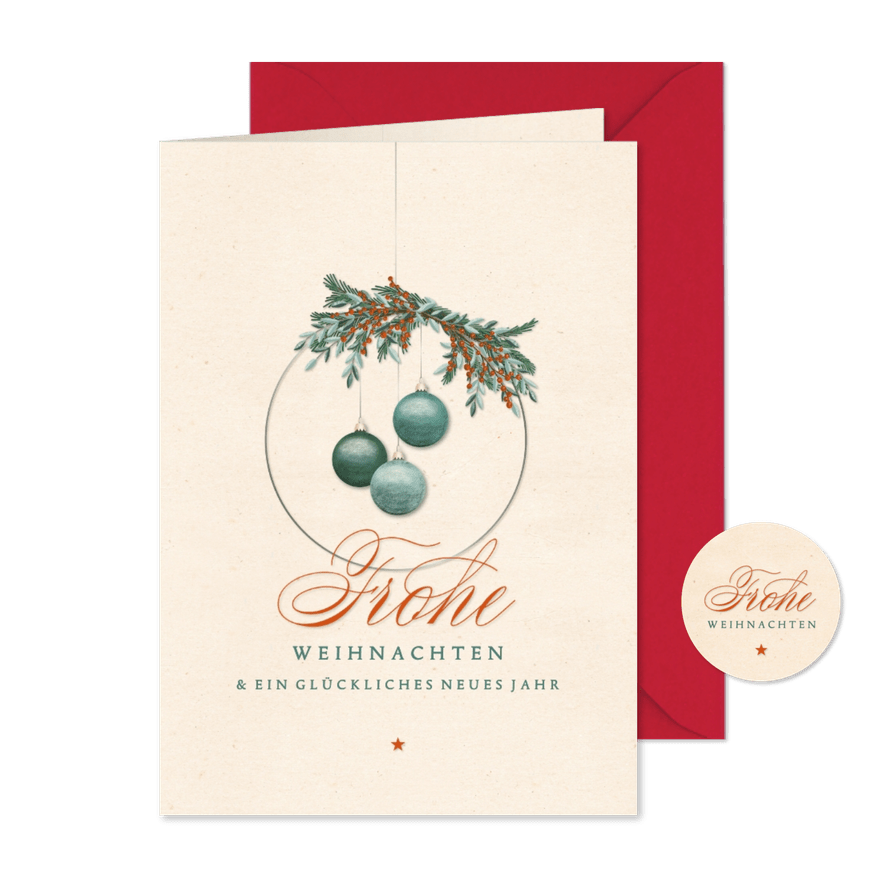 Weihnachtskarte Kranz mit Kugeln - Karteneindruck
