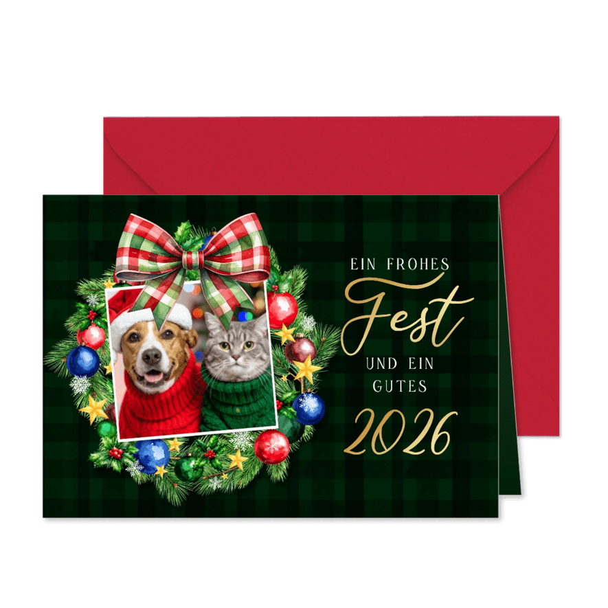 Weihnachtskarte Kranz mit Schleife kariert und Foto - Karteneindruck