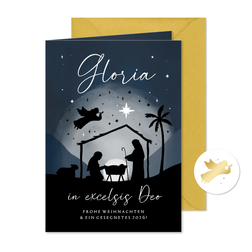 Weihnachtskarte Krippe Stall blauer Nachthimmel Stern - Karteneindruck