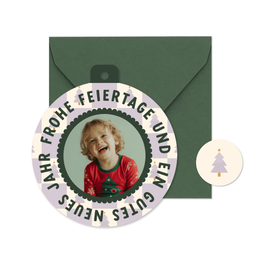 Weihnachtskarte Kugelform Karomuster lila mit Foto - Karteneindruck
