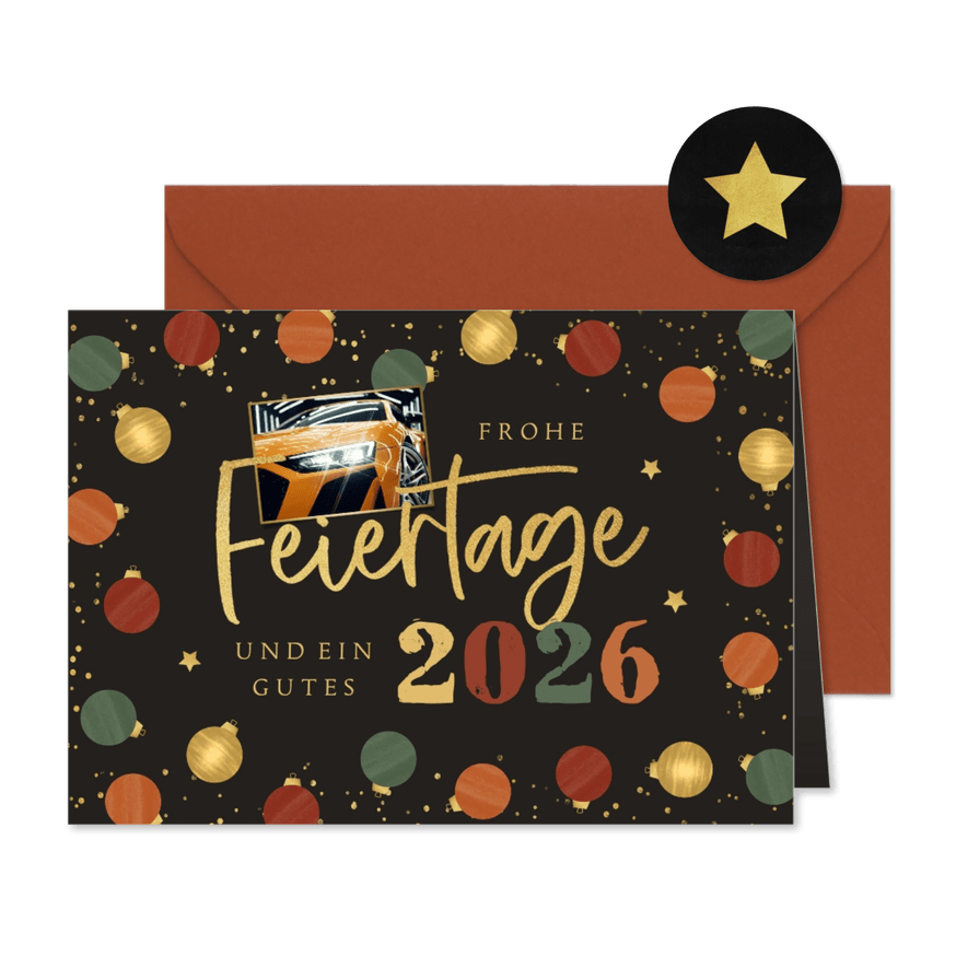 Weihnachtskarte Kunden Foto und Weihnachtskugeln - Karteneindruck