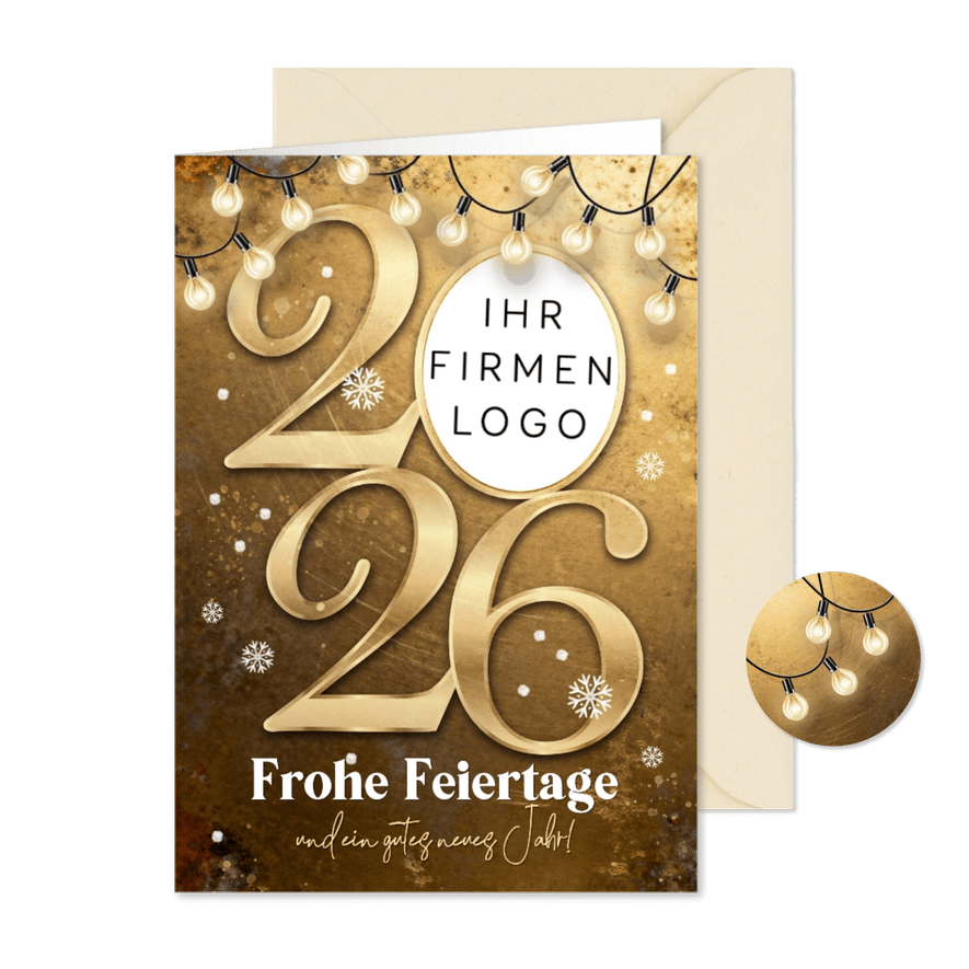 Weihnachtskarte Lichterkette 2026 mit Logo Goldoptik - Karteneindruck