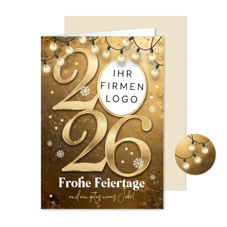 Weihnachtskarte Lichterkette 2027 mit Logo Goldoptik - Karteneindruck
