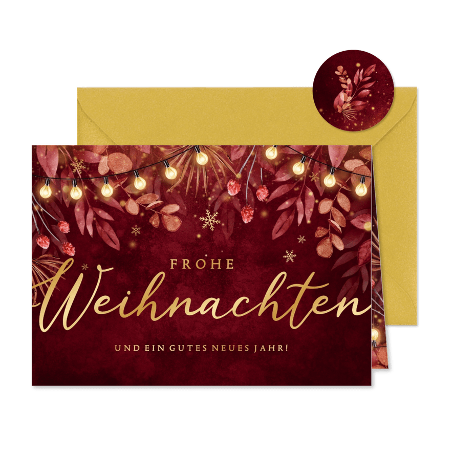 Weihnachtskarte Lichterkette & Zweige dunkelrot Aquarell - Karteneindruck