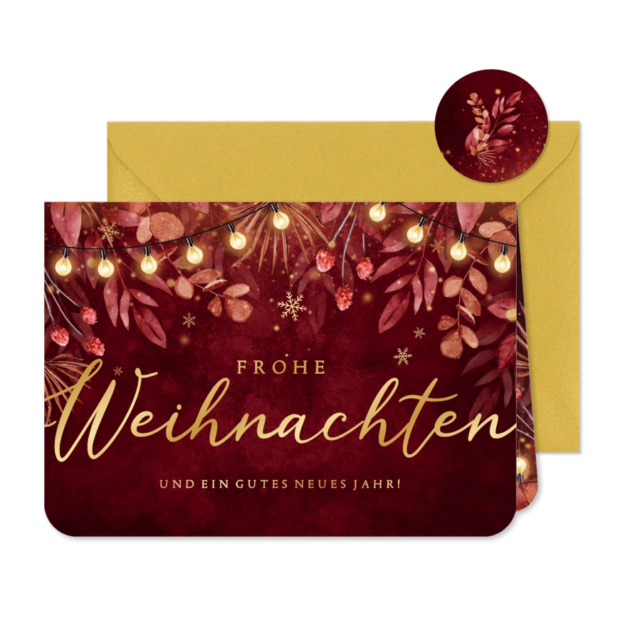 Weihnachtskarte Lichterkette & Zweige dunkelrot Aquarell - Karteneindruck
