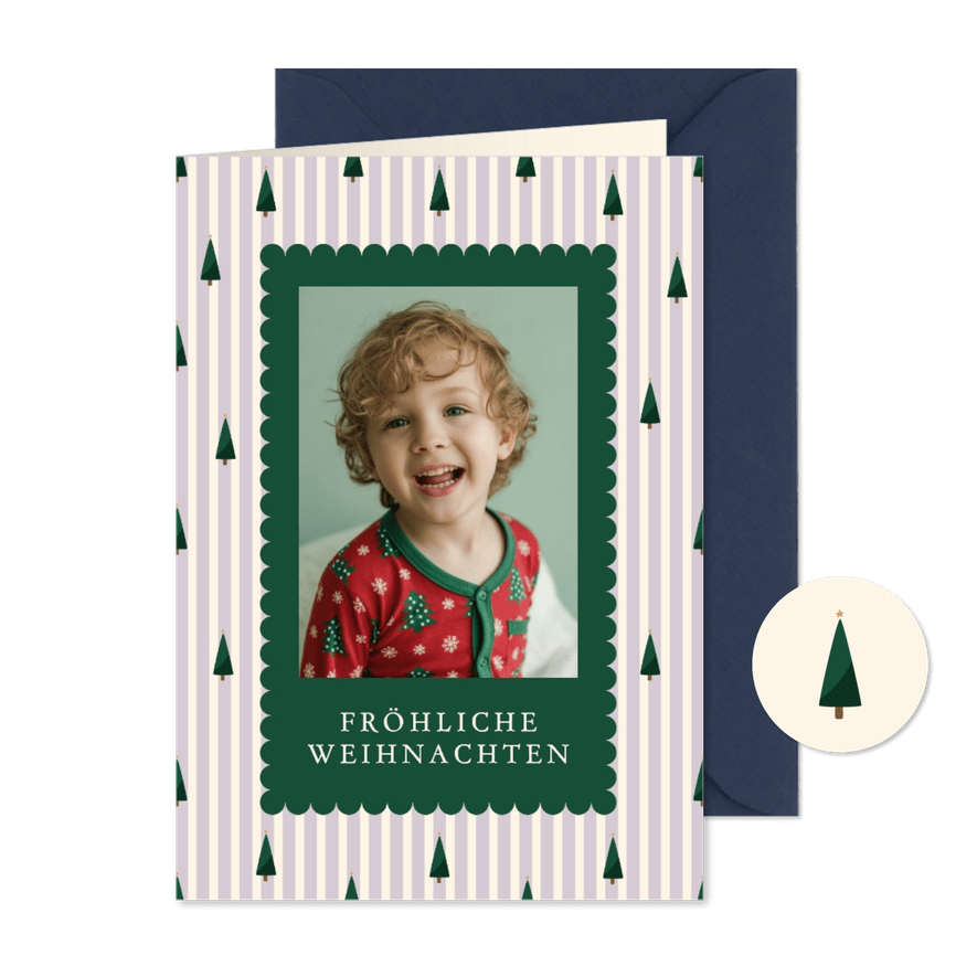 Weihnachtskarte lila gestreift Weihnachtsbäume mit Foto - Kartenvorschau
