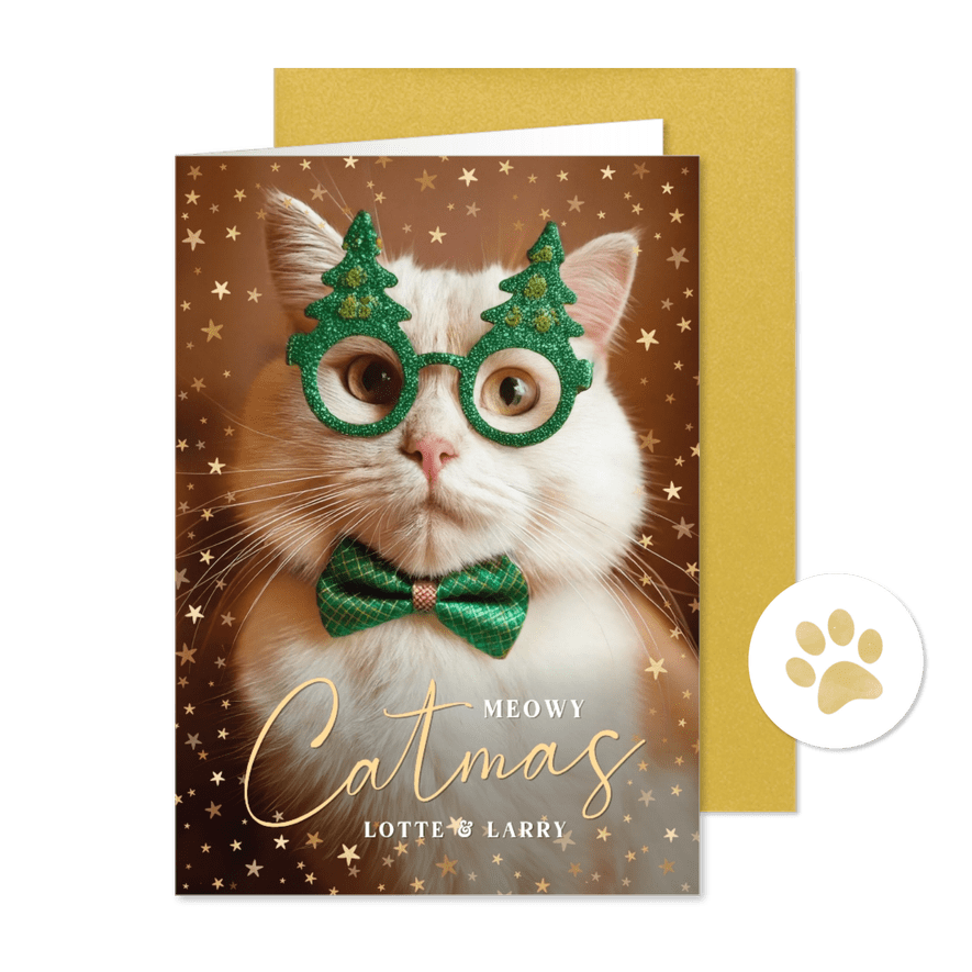 Weihnachtskarte lustige Katze mit Weihnachtsbrille - Kartenvorschau

