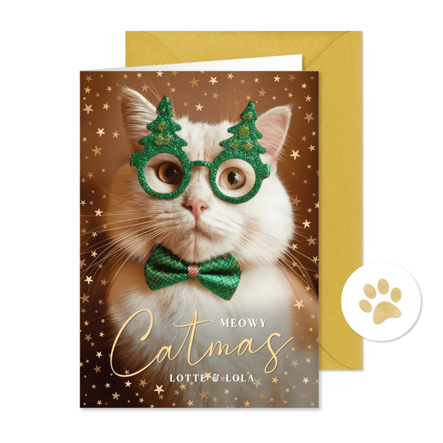 Weihnachtskarte lustige Katze mit Weihnachtsbrille - Karteneindruck
