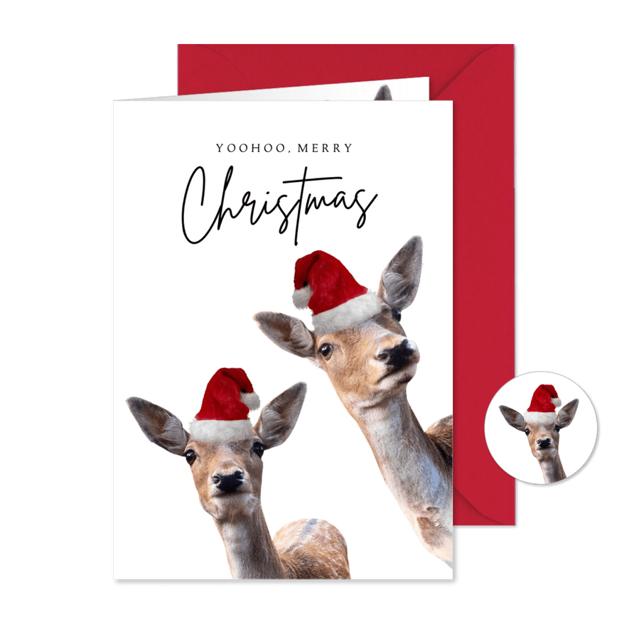 Weihnachtskarte lustige Rehe mit Weihnachtsmütze - Karteneindruck
