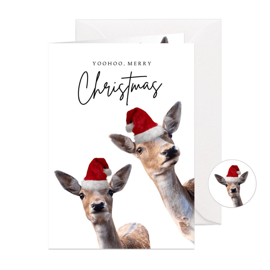 Weihnachtskarte lustige Rehe mit Weihnachtsmütze - Karteneindruck
