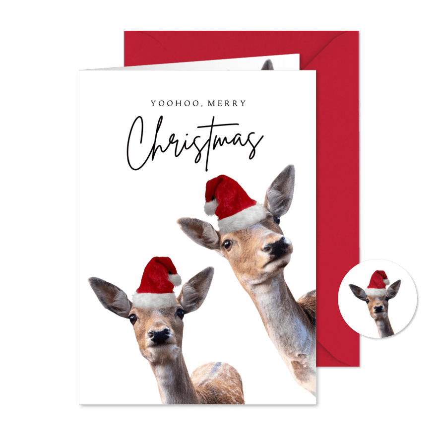 Weihnachtskarte lustige Rehe mit Weihnachtsmütze - Karteneindruck
