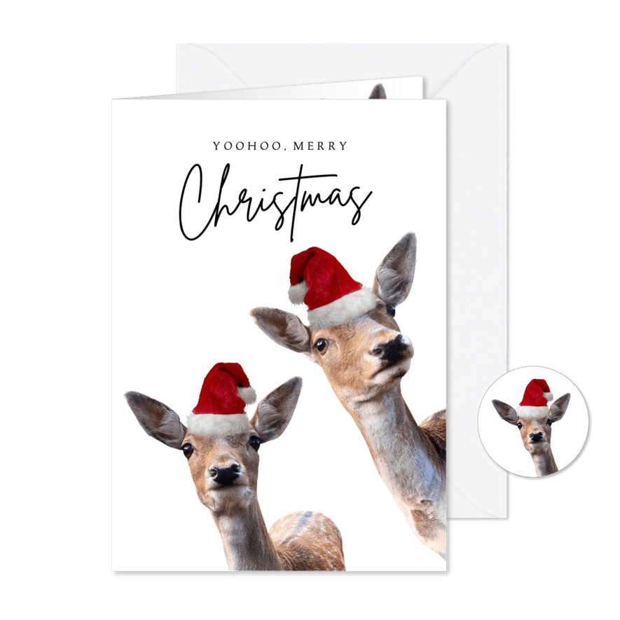 Weihnachtskarte lustige Rehe mit Weihnachtsmütze - Karteneindruck