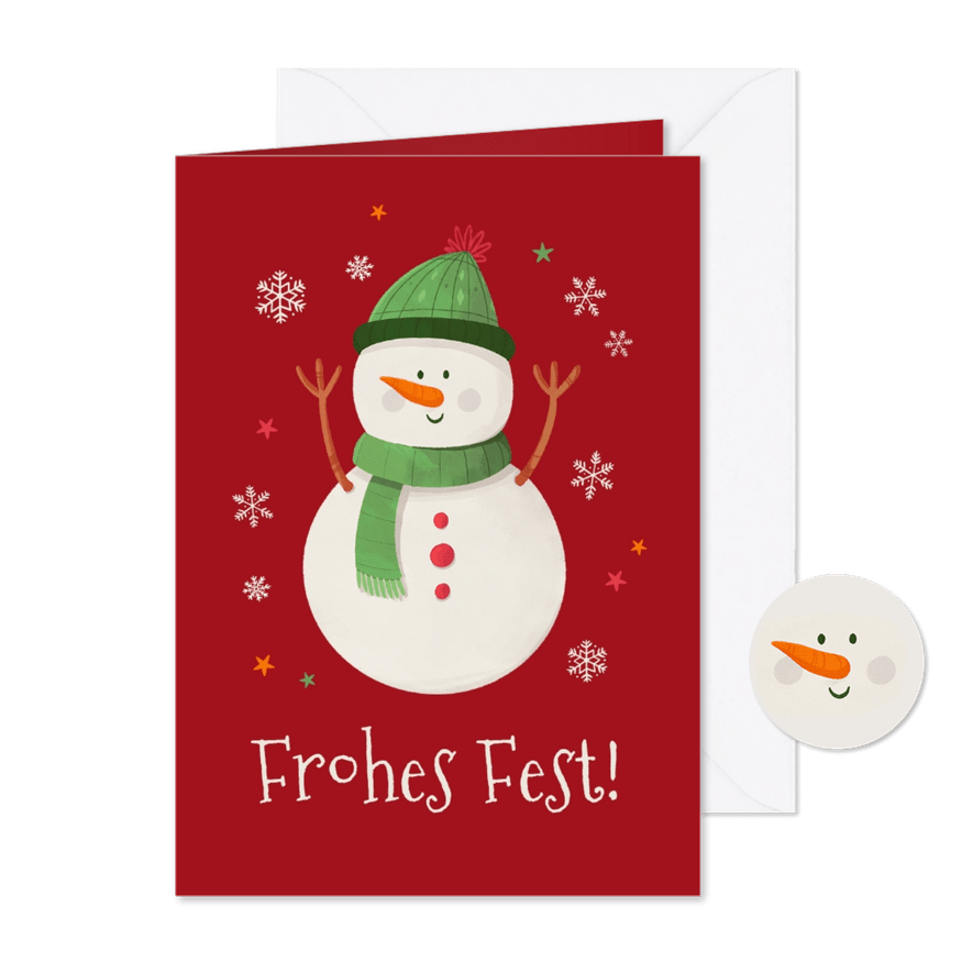 Weihnachtskarte lustiger Schneemann grüne Mütze - Karteneindruck

