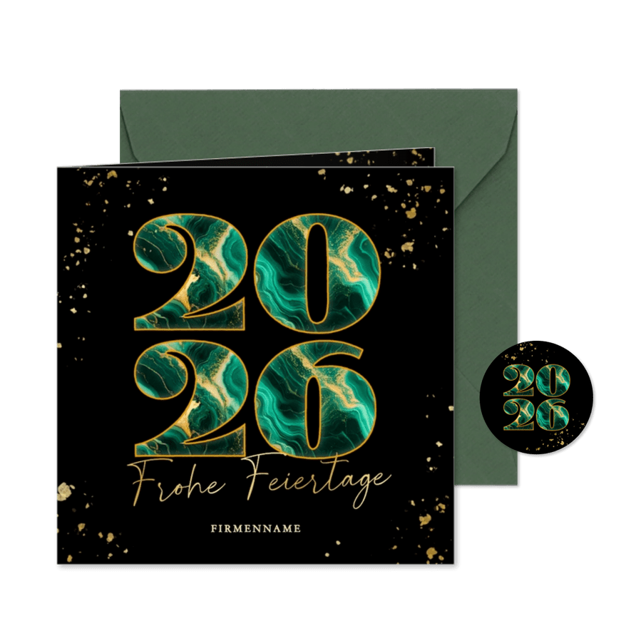 Weihnachtskarte Marmor 2026 grün Goldkleckse geschäftlich - Karteneindruck
