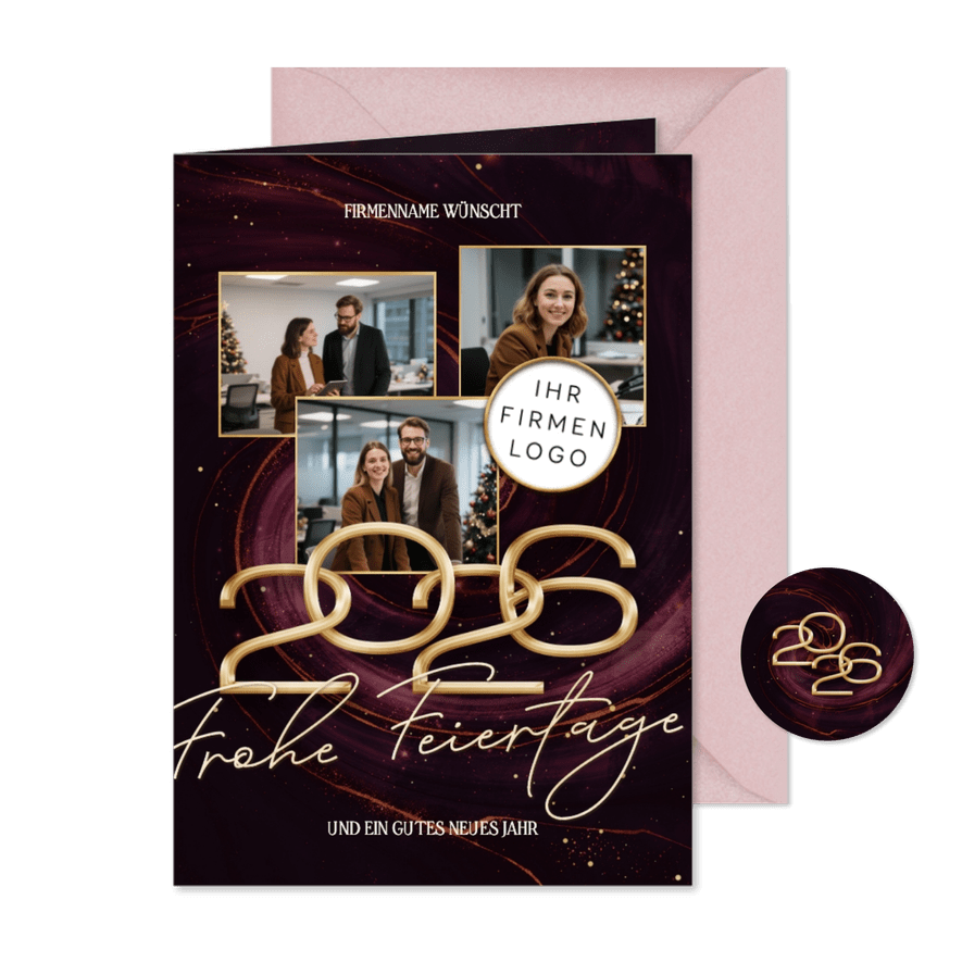 Weihnachtskarte Marmorlook dunkelrot Firmenlogo Fotos - Karteneindruck
