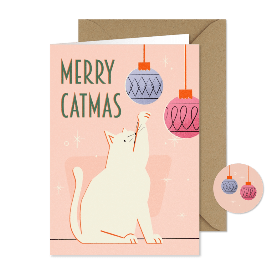 Weihnachtskarte 'Merry Catmas' Katze mit Weihnachtskugeln - Kartenvorschau
