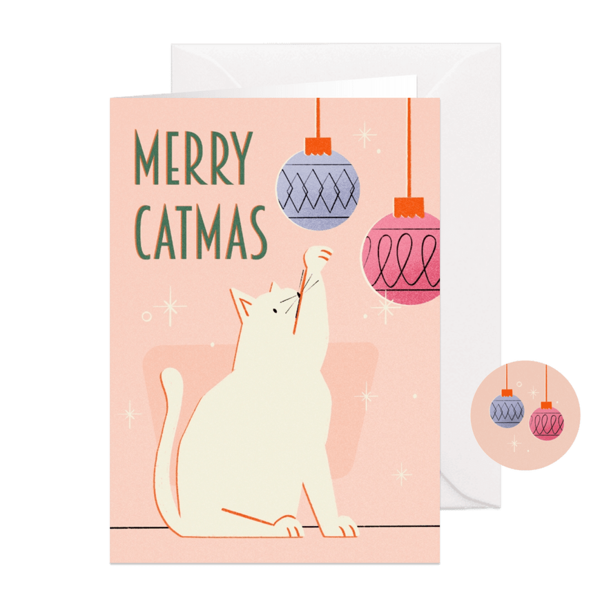 Weihnachtskarte 'Merry Catmas' Katze mit Weihnachtskugeln - Karteneindruck
