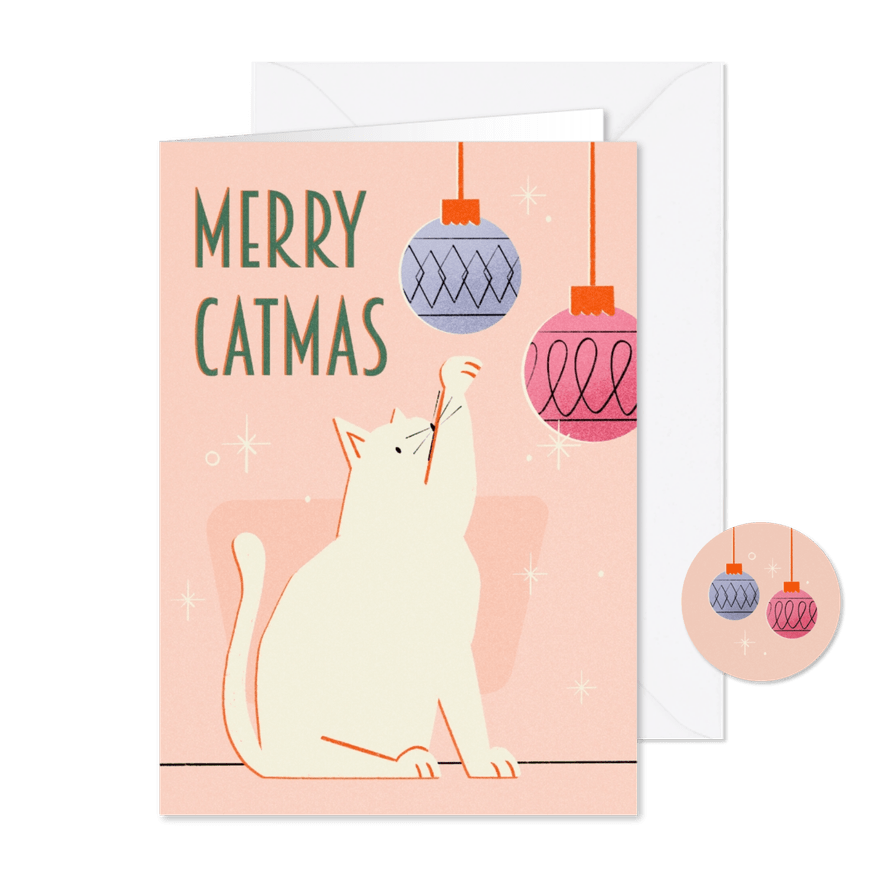 Weihnachtskarte 'Merry Catmas' Katze mit Weihnachtskugeln - Karteneindruck