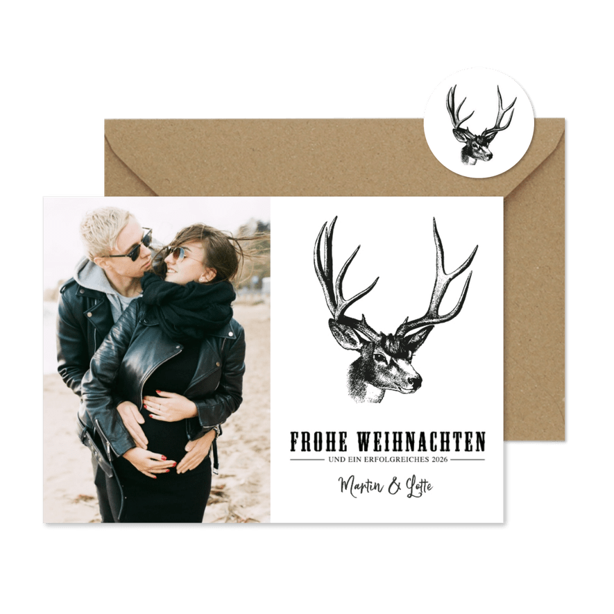 Weihnachtskarte Merry Christmas mit Foto und Hirschkopf - Karteneindruck